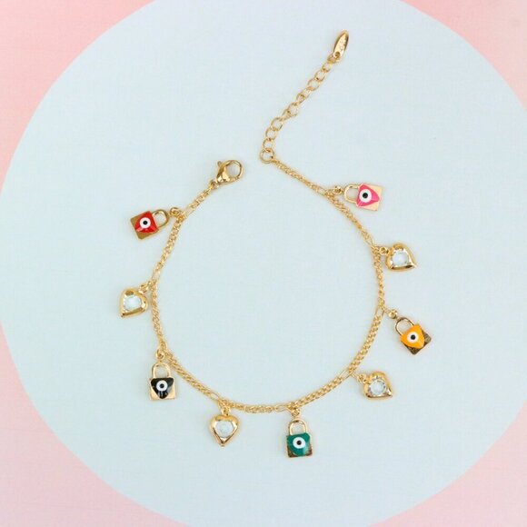 "Rose Gold Evil Eye & Heart Charm Anklet in Gold Plated Brass, XPAL1193 - Picture 3 of 12